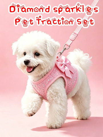 Pink adjustable polyester pet harness set for small dogs and cats with a plain design for walking and travel