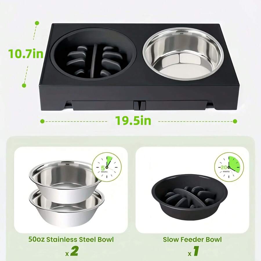 Adjustable height elevated dog bowl stand featuring 5 height settings, 2 stainless steel water bowls, and 1 slow feed bowl.