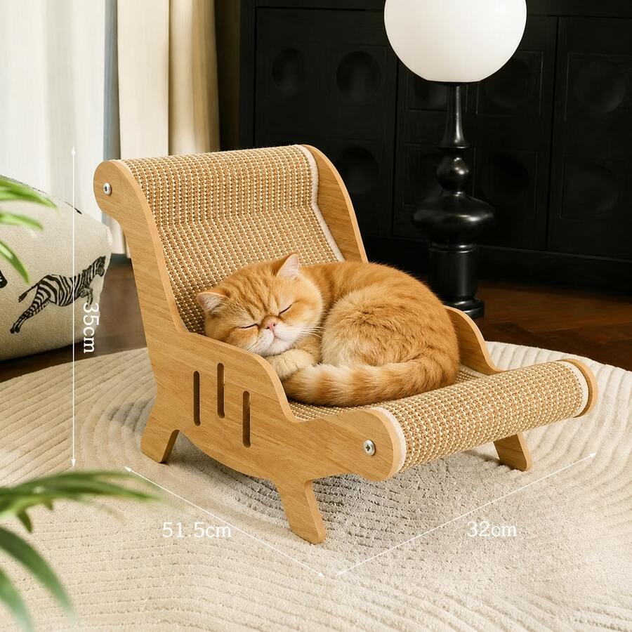 2-in-1 wooden cat scratcher lounge chair with natural sisal scratching surface for indoor cats