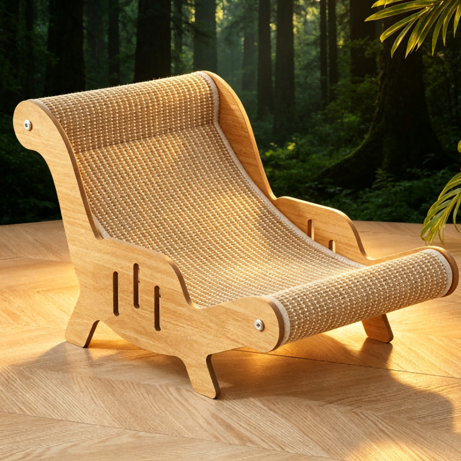 2-in-1 wooden cat scratcher lounge chair with natural sisal scratching surface for indoor cats