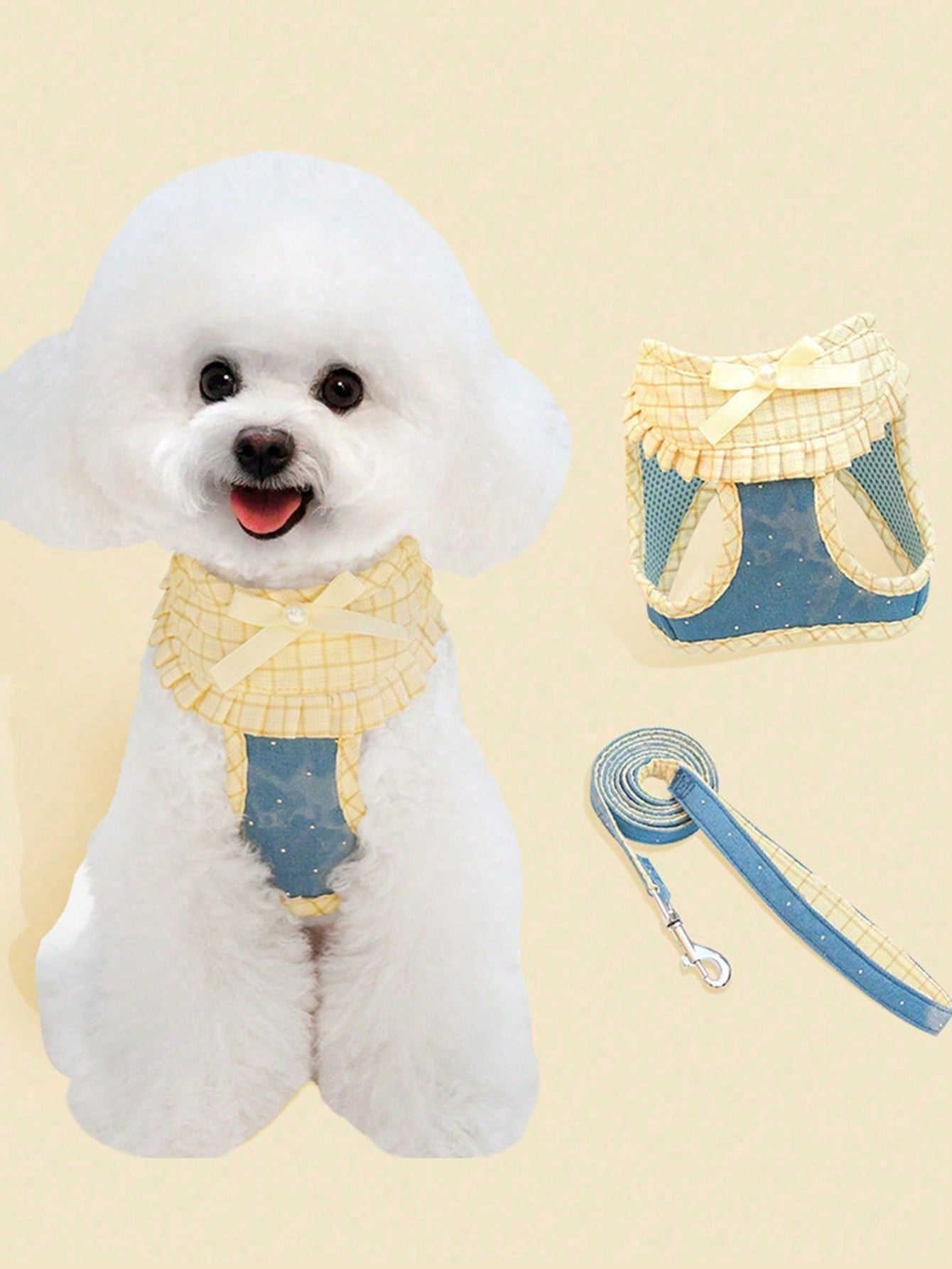 Adjustable vest style dog harness and leash set with cute multicolor polyester chest strap for small dogs, Teddy breeds, and cats