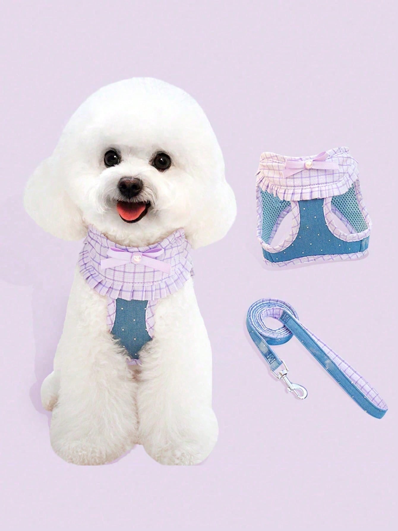 Adjustable vest style dog harness and leash set with cute multicolor polyester chest strap for small dogs, Teddy breeds, and cats