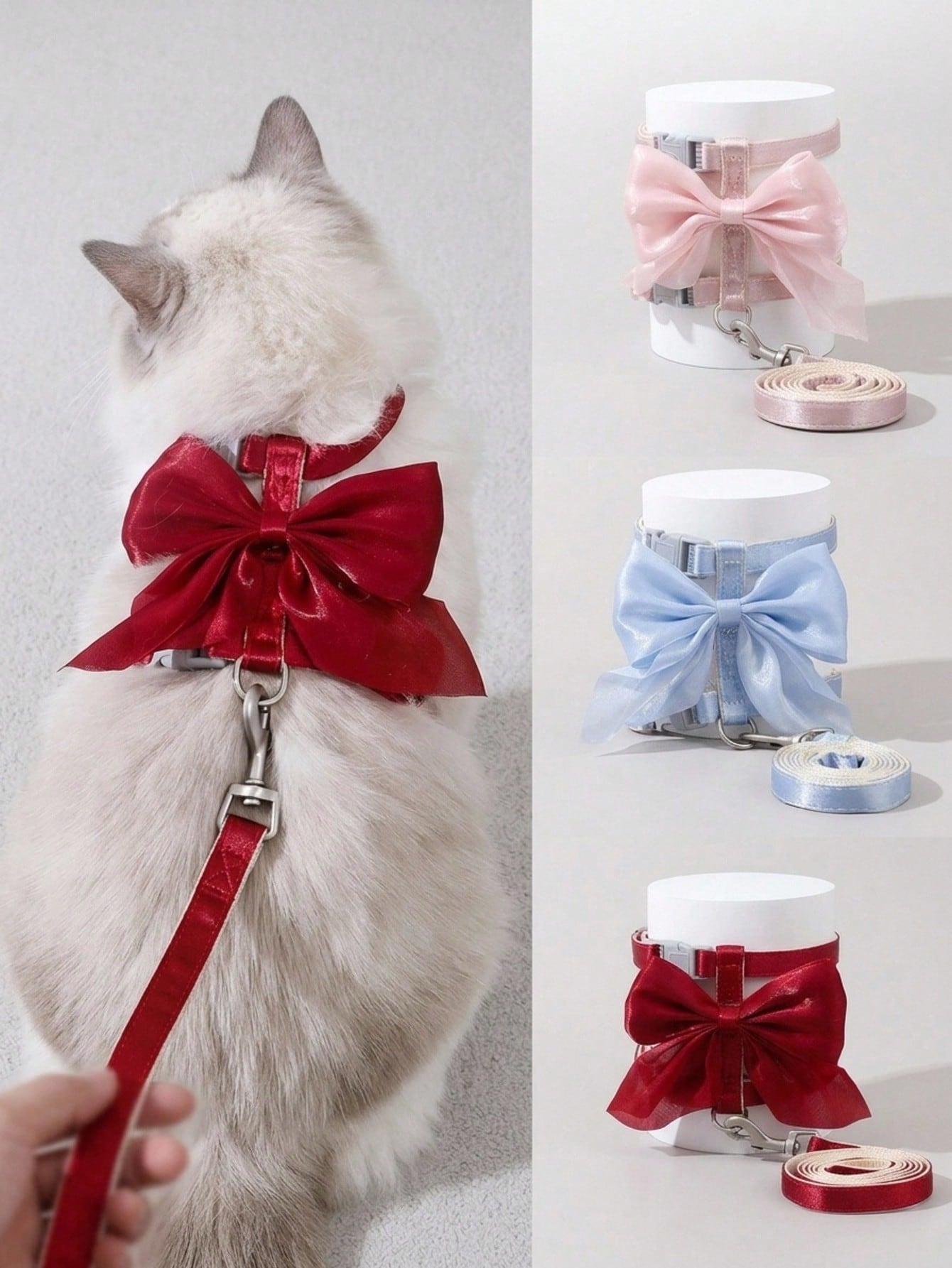 Multicolor Christmas pattern cat harness and leash set with breathable vest-style polyester harness for walking cats or dogs