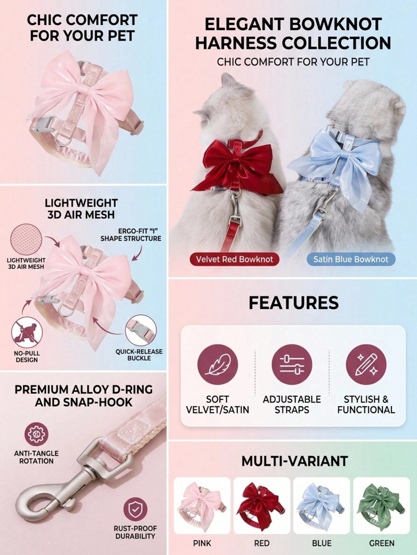 Multicolor Christmas pattern cat harness and leash set with breathable vest-style polyester harness for walking cats or dogs