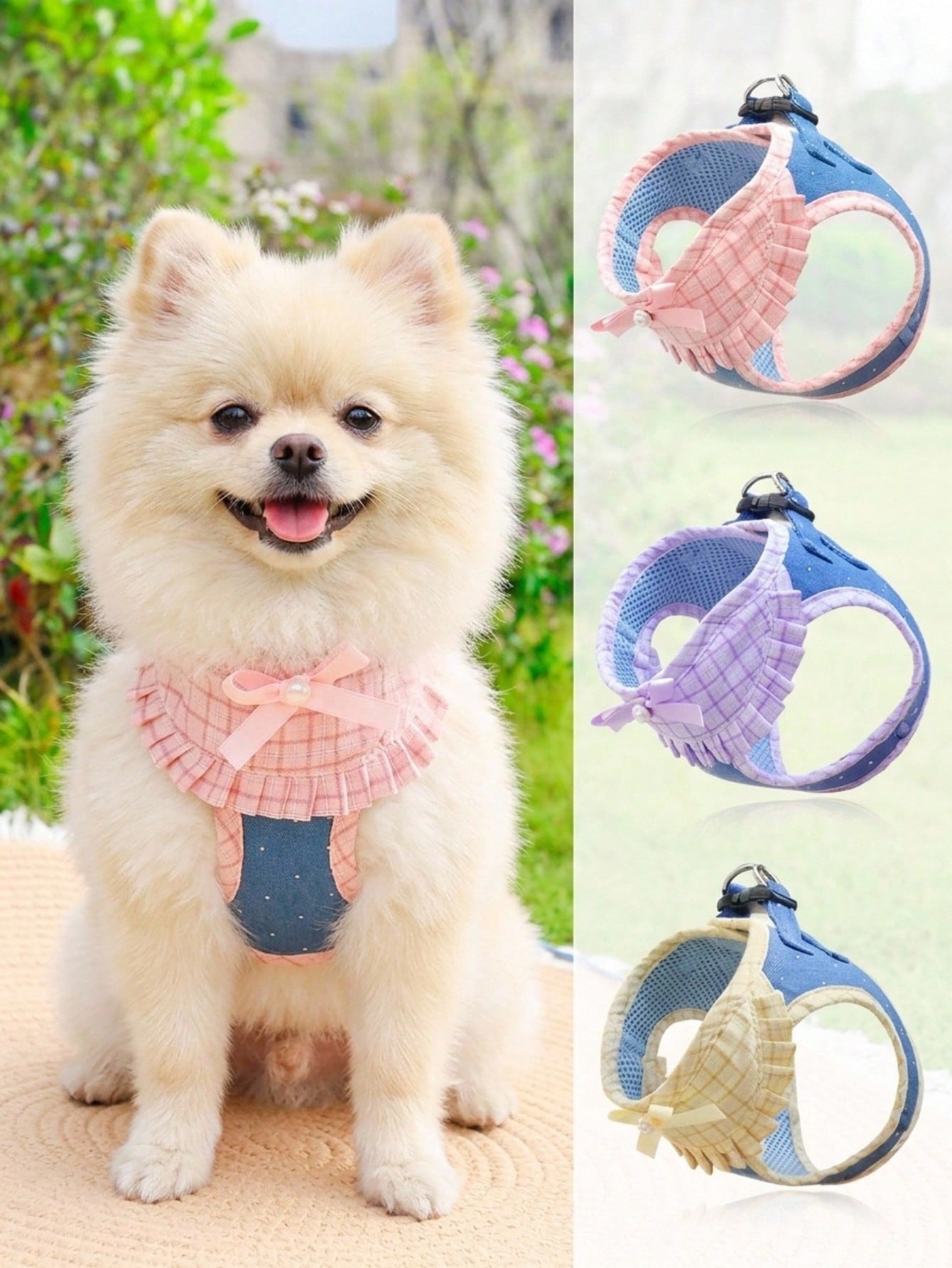 Adjustable vest style dog harness and leash set with cute multicolor polyester chest strap for small dogs, Teddy breeds, and cats