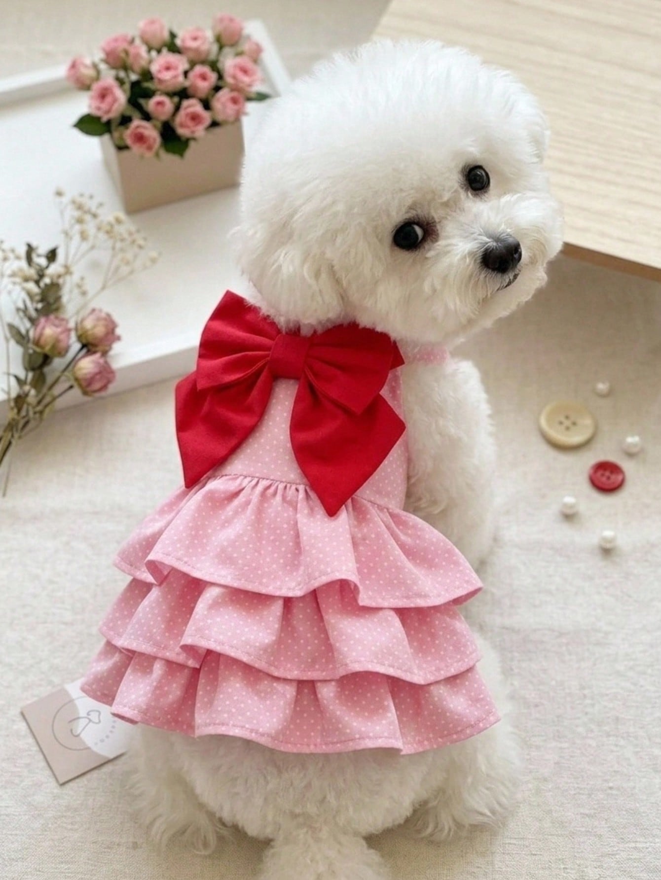 Pink Polka Dot Pet Princess Dress With Big Bow & Multi-Layer Cake Skirt, Ideal Birthday Party & Outdoor Outfit For Dogs And Cats