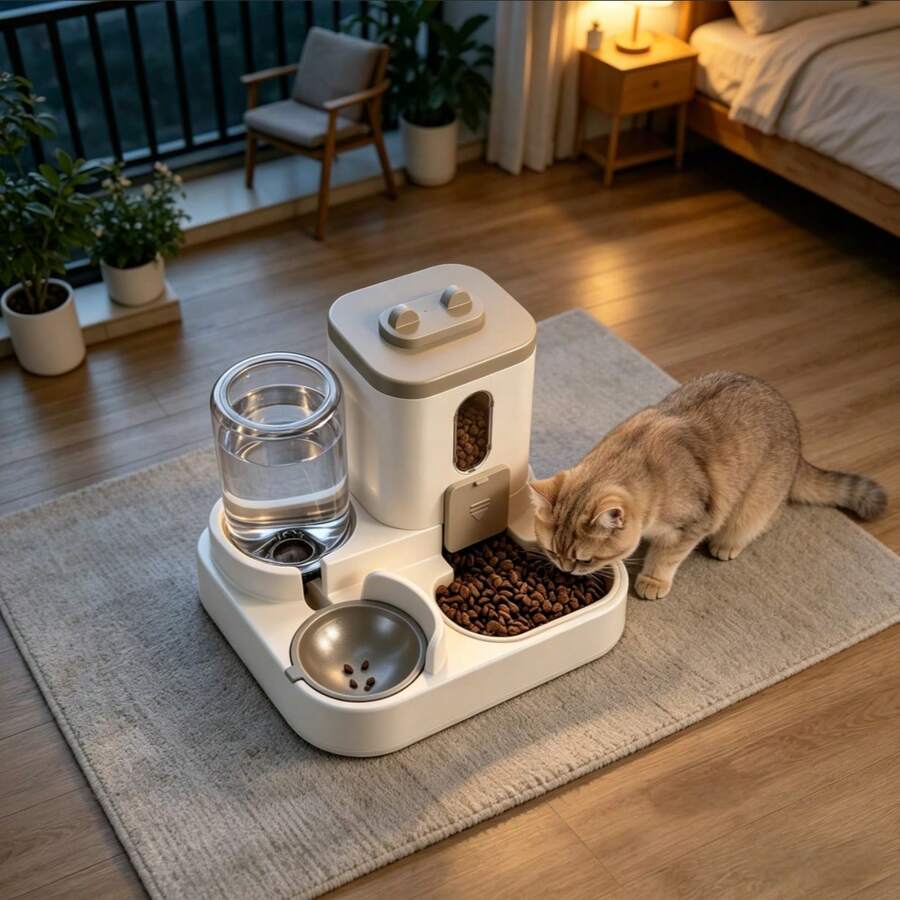 Grey automatic cat feeder and water dispenser with cartoon design for cats and dogs