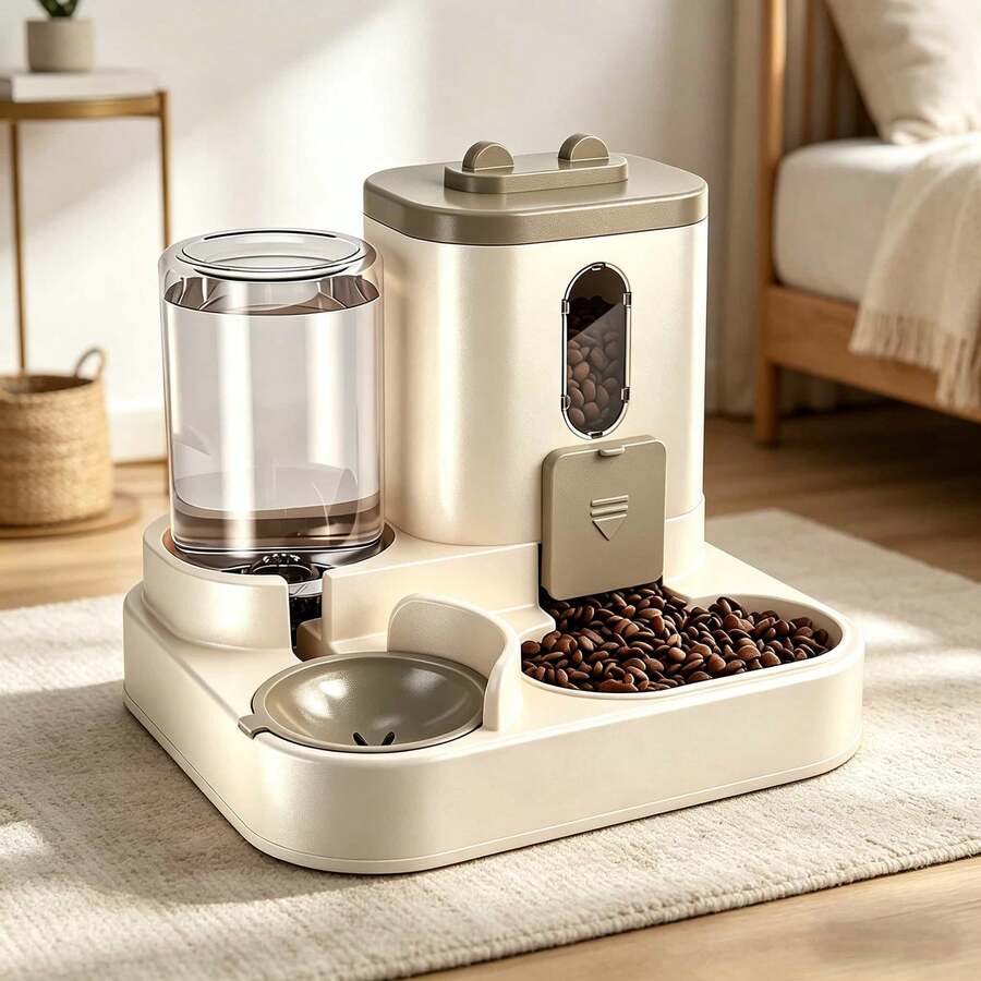 Grey automatic cat feeder and water dispenser with cartoon design for cats and dogs