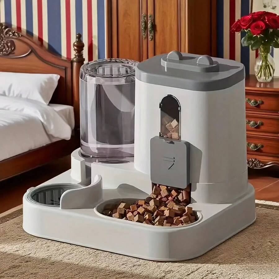 Grey automatic cat feeder and water dispenser with cartoon design for cats and dogs