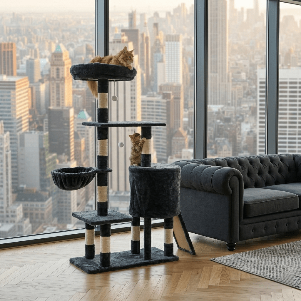 Black 5-tier wooden cat tree featuring an activity tower with hammock, condo hideaway, and sisal scratching posts for indoor cats.