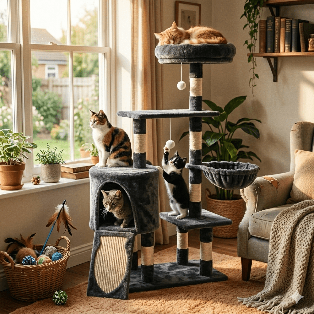 Black 5-tier wooden cat tree featuring an activity tower with hammock, condo hideaway, and sisal scratching posts for indoor cats.