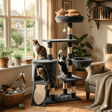Black 5-tier wooden cat tree featuring an activity tower with hammock, condo hideaway, and sisal scratching posts for indoor cats.