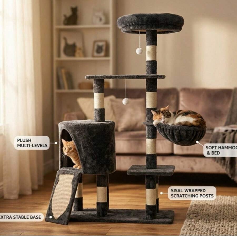 Black 5-tier wooden cat tree featuring an activity tower with hammock, condo hideaway, and sisal scratching posts for indoor cats.