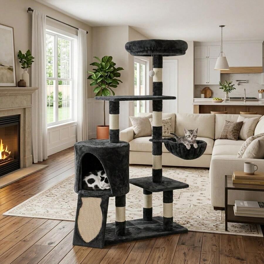 Black 5-tier wooden cat tree featuring an activity tower with hammock, condo hideaway, and sisal scratching posts for indoor cats.
