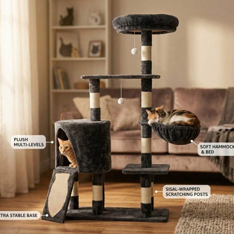 Black 5-tier wooden cat tree featuring an activity tower with hammock, condo hideaway, and sisal scratching posts for indoor cats.