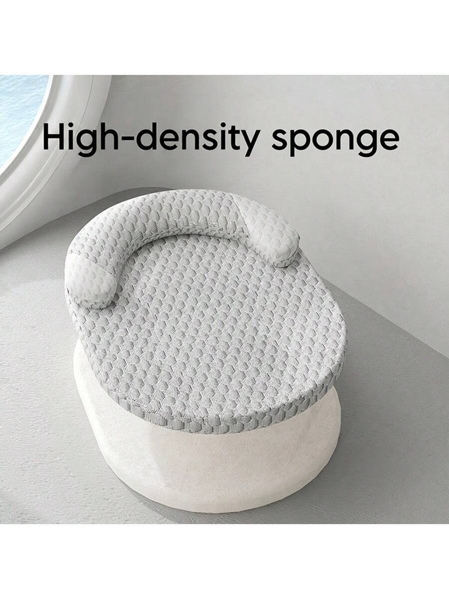 Grey plaid cooling dog bed with vacuum compressed memory foam filling made of polyester for dogs and cats.
