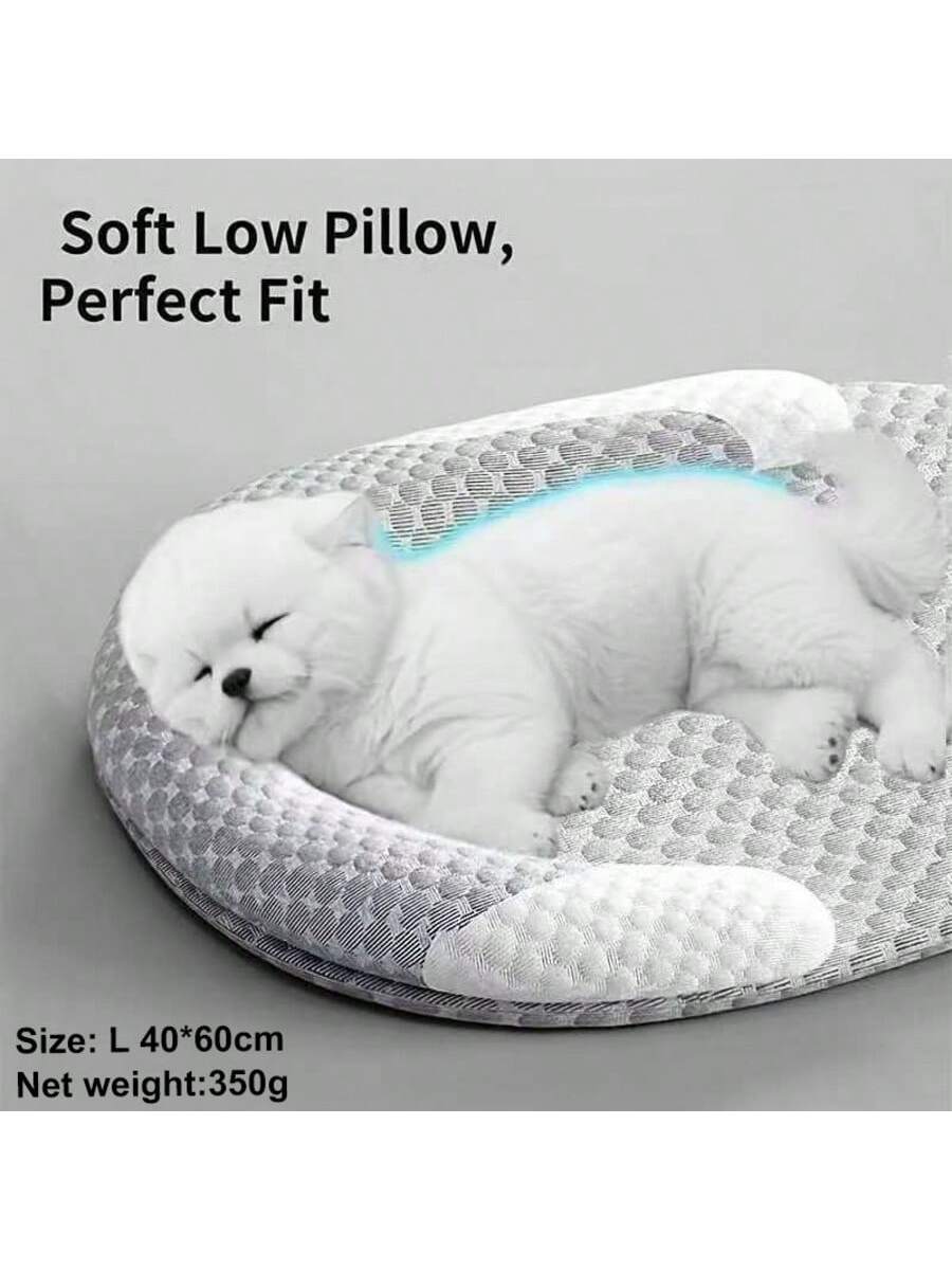 Grey plaid cooling dog bed with vacuum compressed memory foam filling made of polyester for dogs and cats.