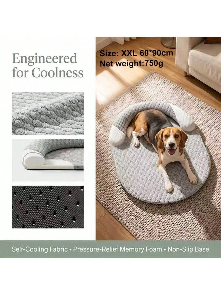 Grey plaid cooling dog bed with vacuum compressed memory foam filling made of polyester for dogs and cats.