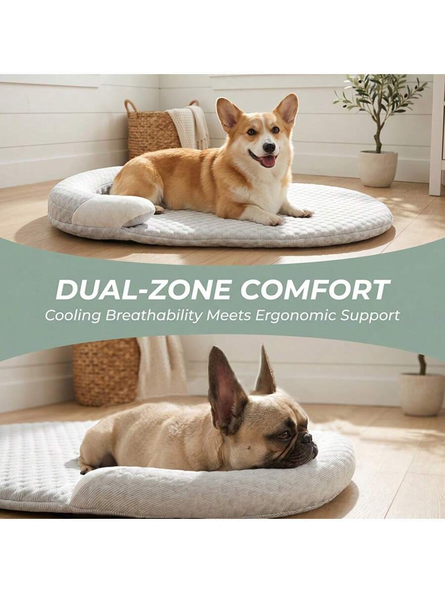 Grey plaid cooling dog bed with vacuum compressed memory foam filling made of polyester for dogs and cats.