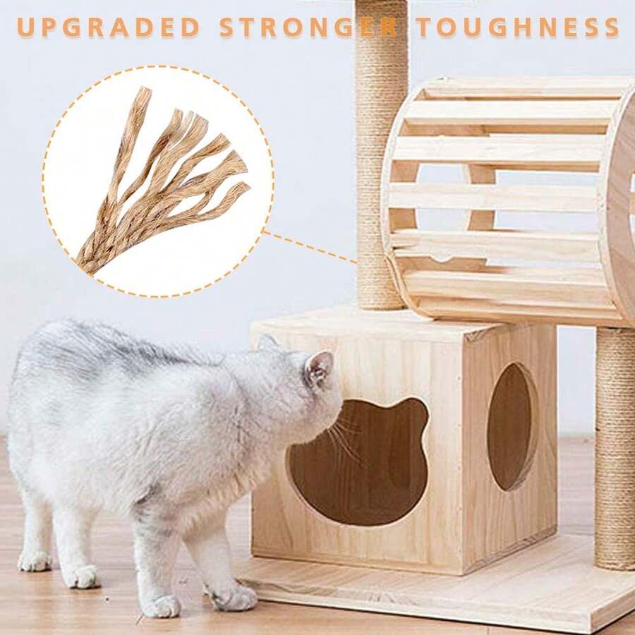 Multicolor wooden cat scratch pole activity center featuring a scratching post, two horizontal ball tracks, an interactive feather toy, and hanging sisal balls.