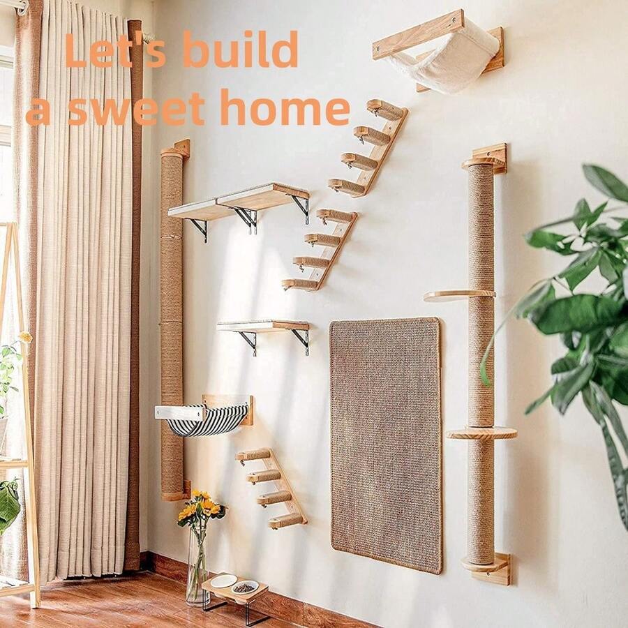 Multicolor wooden cat scratch pole activity center featuring a scratching post, two horizontal ball tracks, an interactive feather toy, and hanging sisal balls.