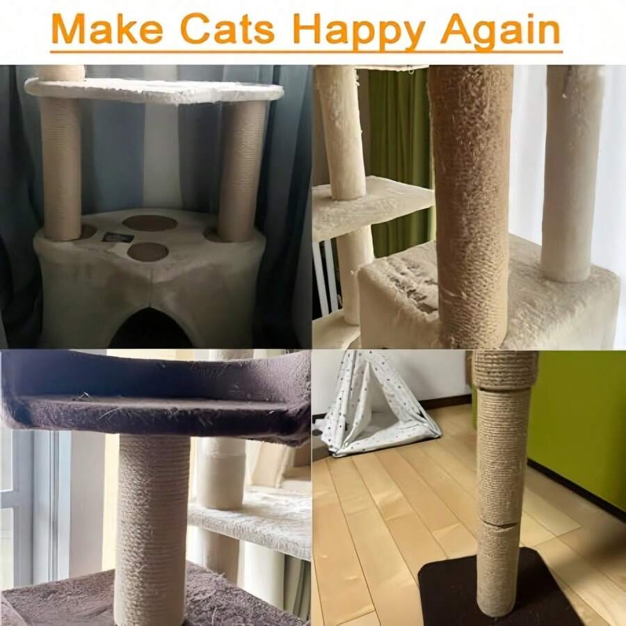 Multicolor wooden cat scratch pole activity center featuring a scratching post, two horizontal ball tracks, an interactive feather toy, and hanging sisal balls.