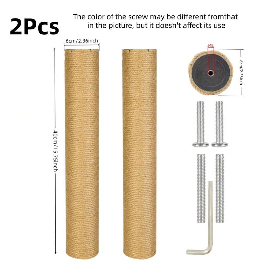 Multicolor wooden cat scratch pole activity center featuring a scratching post, two horizontal ball tracks, an interactive feather toy, and hanging sisal balls.