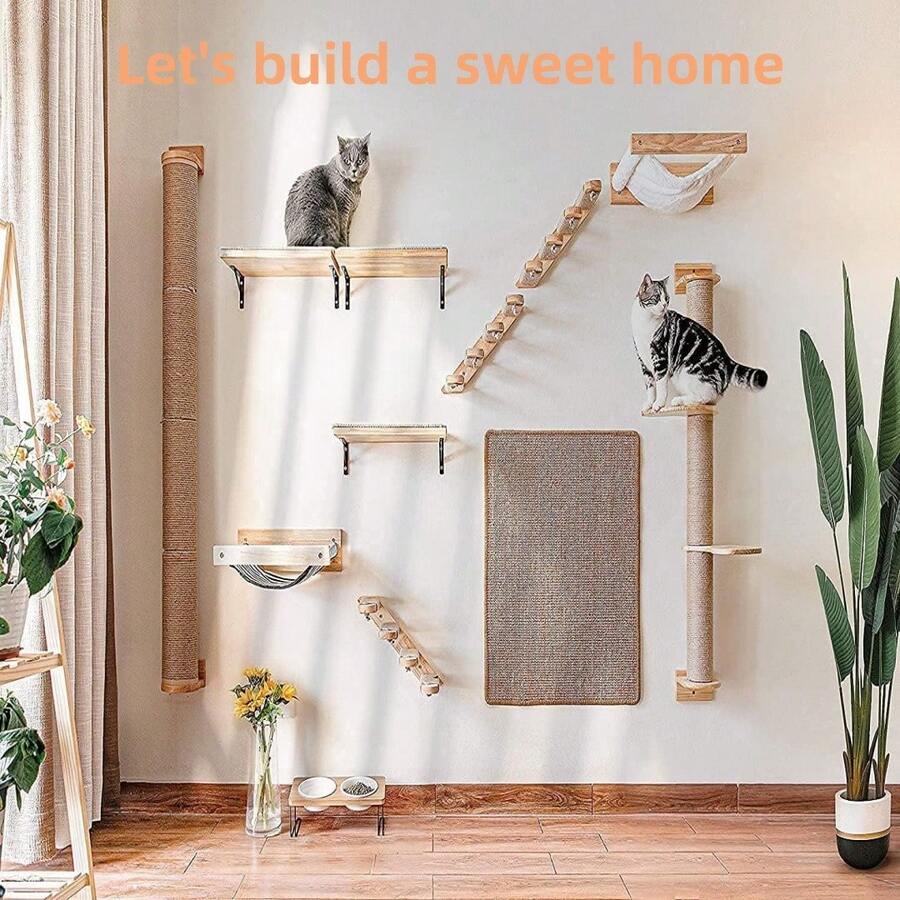 Multicolor wooden cat scratch pole activity center featuring a scratching post, two horizontal ball tracks, an interactive feather toy, and hanging sisal balls.