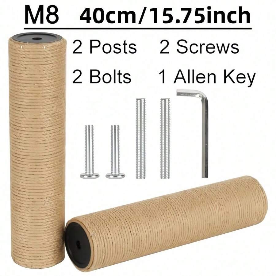 Multicolor wooden cat scratch pole activity center featuring a scratching post, two horizontal ball tracks, an interactive feather toy, and hanging sisal balls.