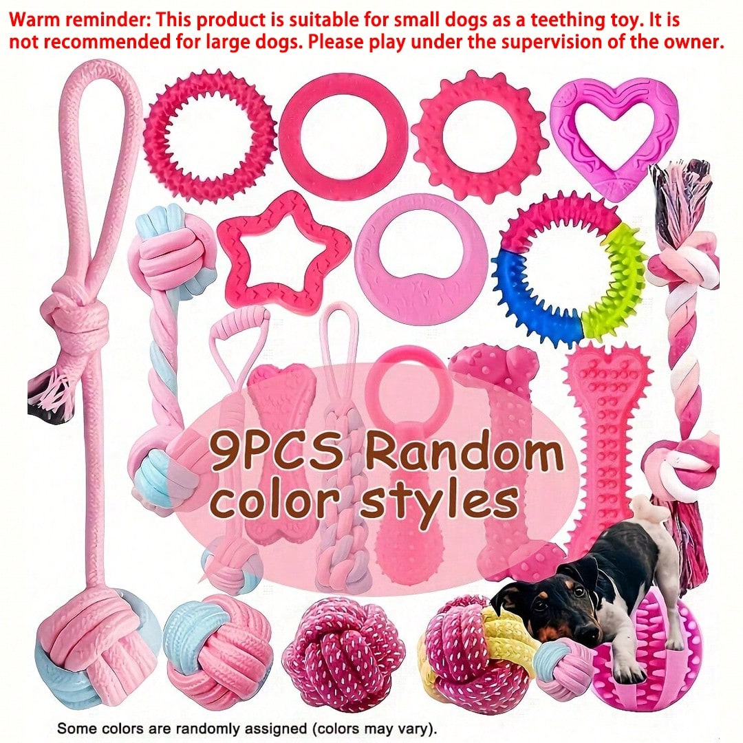 9pcs Random Color Dog Chew Toy Set - Braided Rope Knots And TPR Rubber Teeth Cleaning Toys Suitable For Small Dogs, Cute Puppy Ball Interactive Chewing Toys