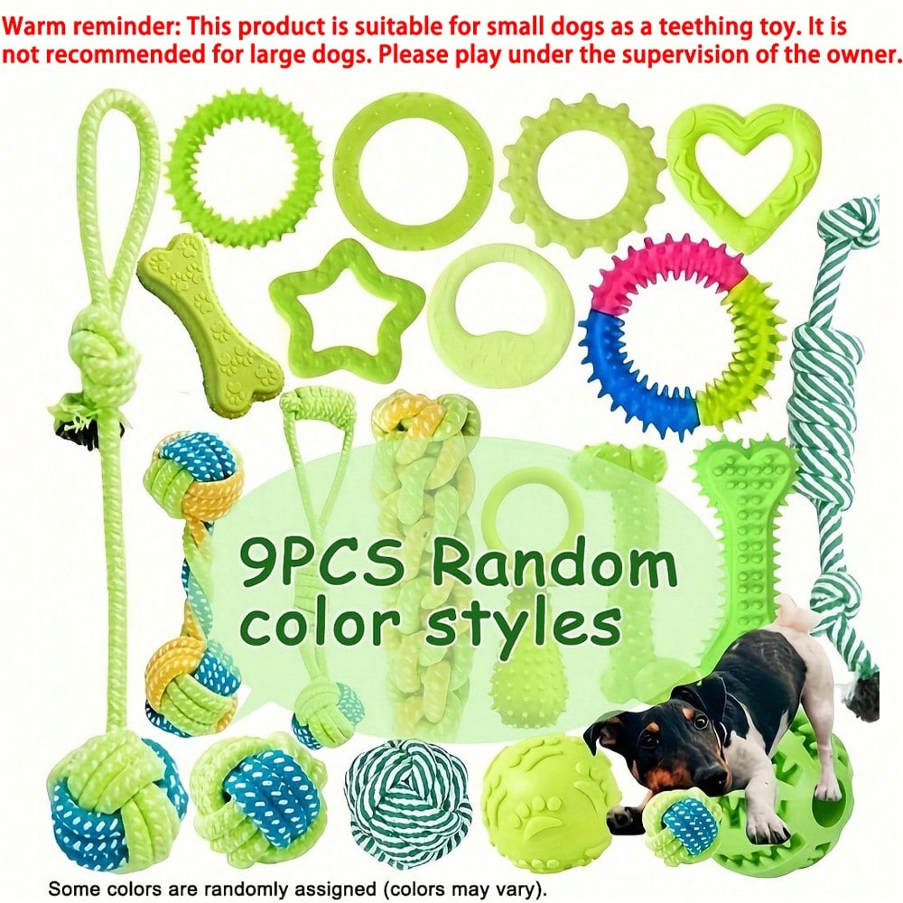 9pcs Random Color Dog Chew Toy Set - Braided Rope Knots And TPR Rubber Teeth Cleaning Toys Suitable For Small Dogs, Cute Puppy Ball Interactive Chewing Toys