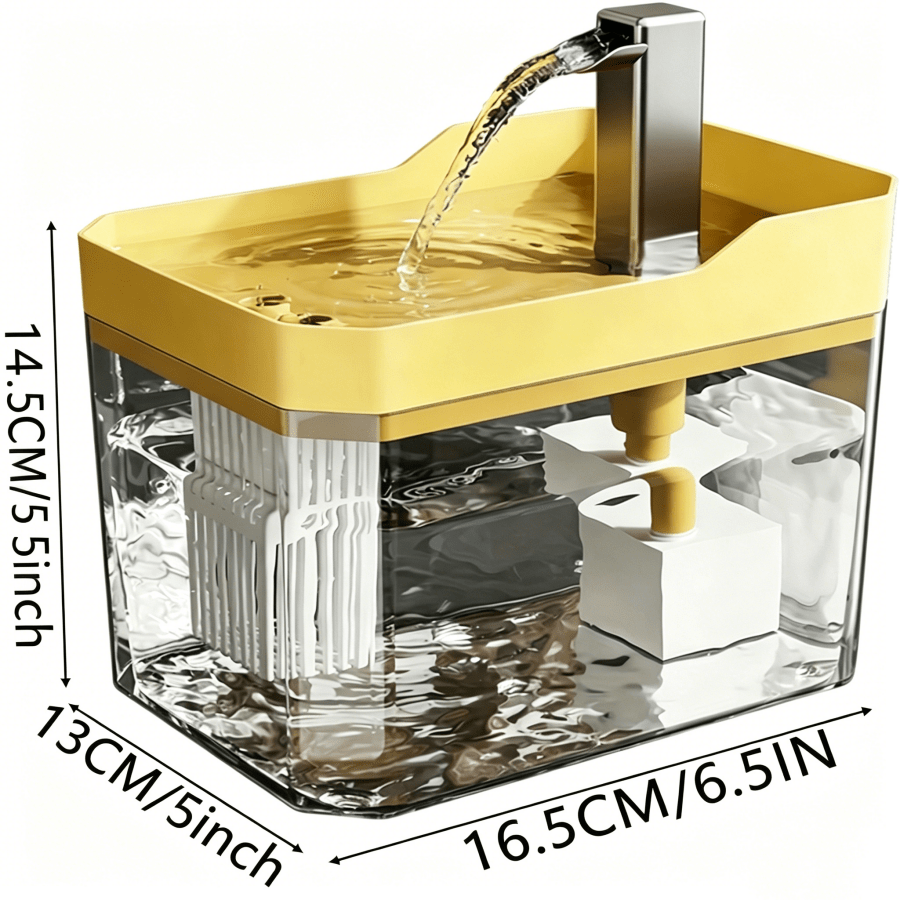 Yellow PE automatic cat water fountain dispenser with 50.72 oz capacity and USB power cord.