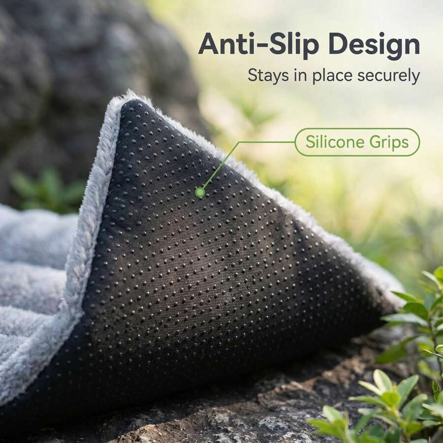Grey long plush dog crate mat with thick PP cotton padding and a dotted non-slip bottom.