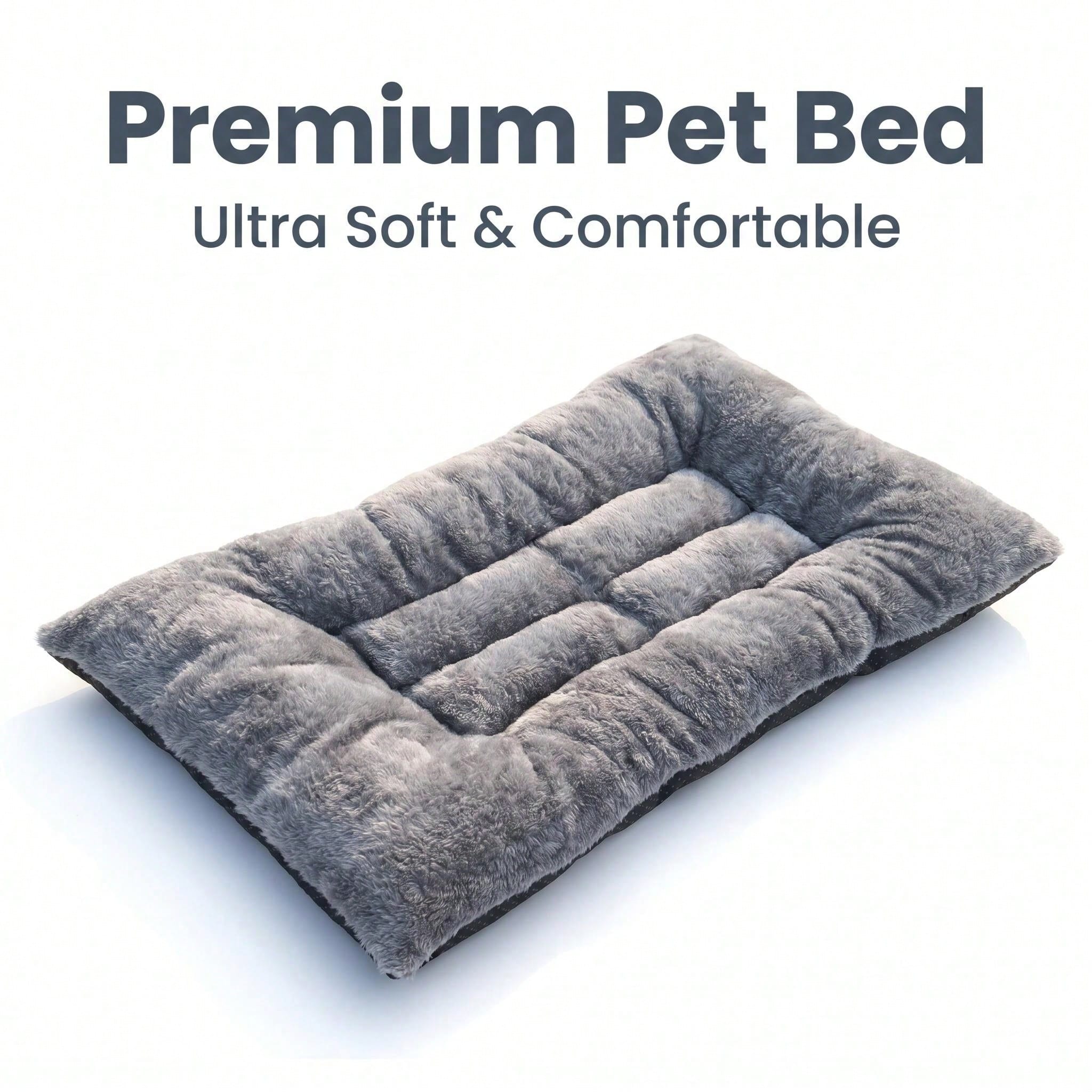 Grey long plush dog crate mat with thick PP cotton padding and a dotted non-slip bottom.