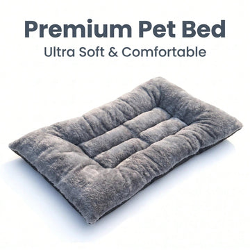 Grey long plush dog crate mat with thick PP cotton padding and a dotted non-slip bottom.