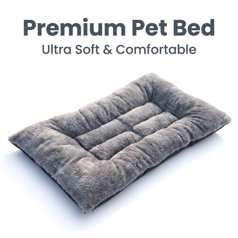 Grey long plush dog crate mat with thick PP cotton padding and a dotted non-slip bottom.