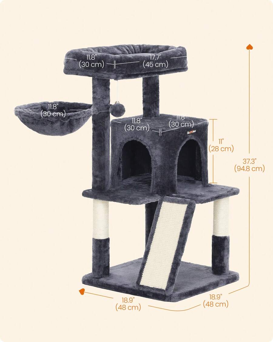 Beige 37.8-inch multi-level wooden cat tree featuring a scratching ramp ladder, 2-door cat cave, widened top perch, and hanging pompom toy for indoor cats.