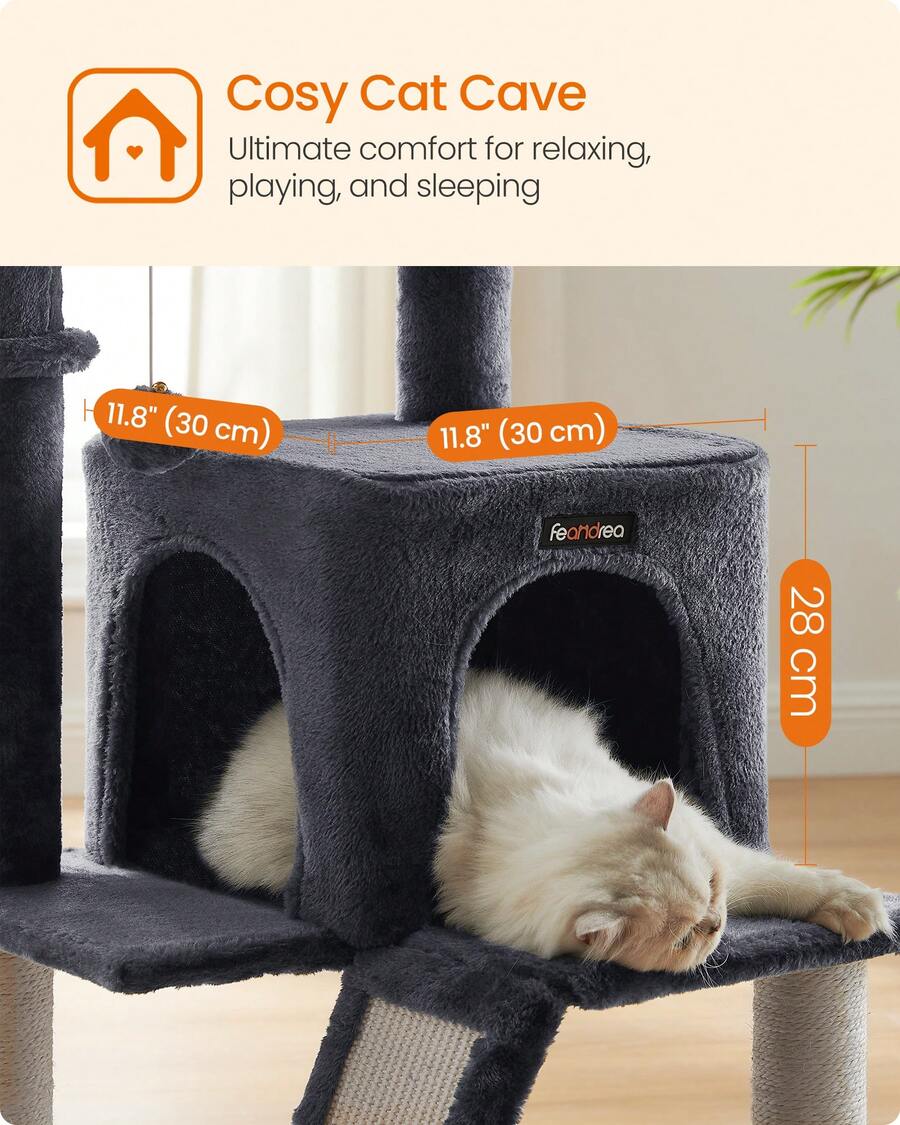 Beige 37.8-inch multi-level wooden cat tree featuring a scratching ramp ladder, 2-door cat cave, widened top perch, and hanging pompom toy for indoor cats.