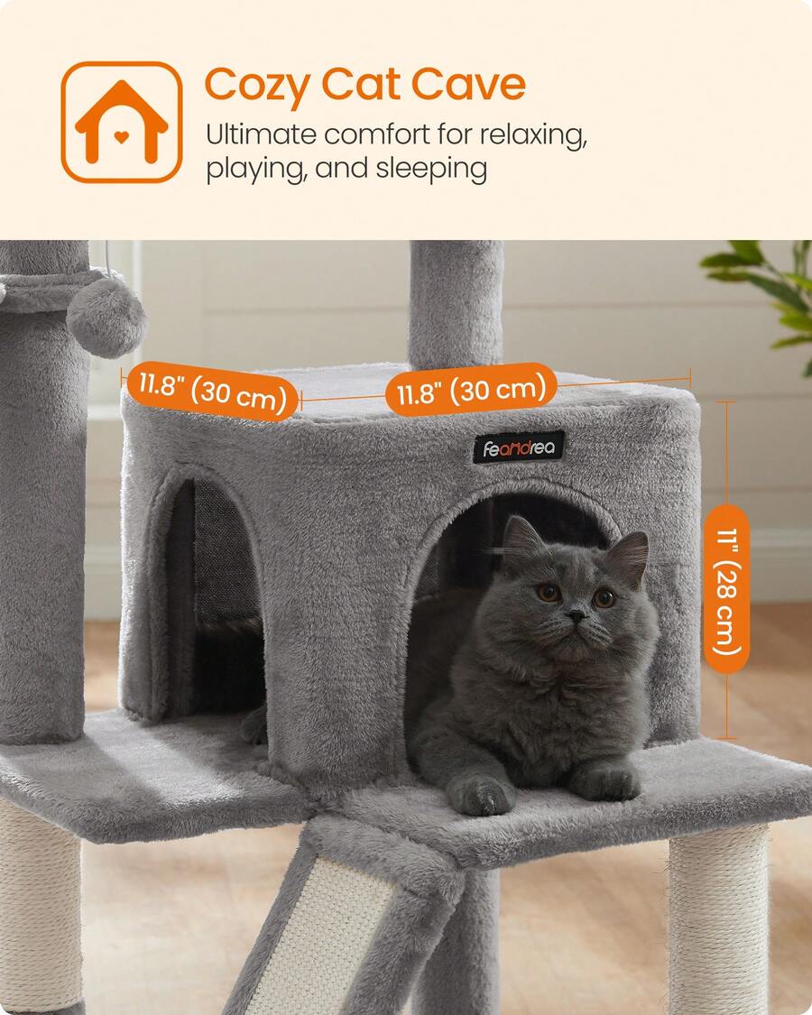 Beige 37.8-inch multi-level wooden cat tree featuring a scratching ramp ladder, 2-door cat cave, widened top perch, and hanging pompom toy for indoor cats.