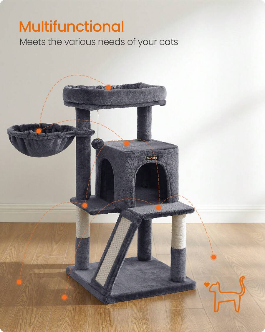 Beige 37.8-inch multi-level wooden cat tree featuring a scratching ramp ladder, 2-door cat cave, widened top perch, and hanging pompom toy for indoor cats.