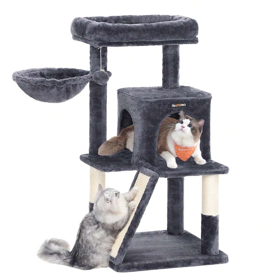 Beige 37.8-inch multi-level wooden cat tree featuring a scratching ramp ladder, 2-door cat cave, widened top perch, and hanging pompom toy for indoor cats.