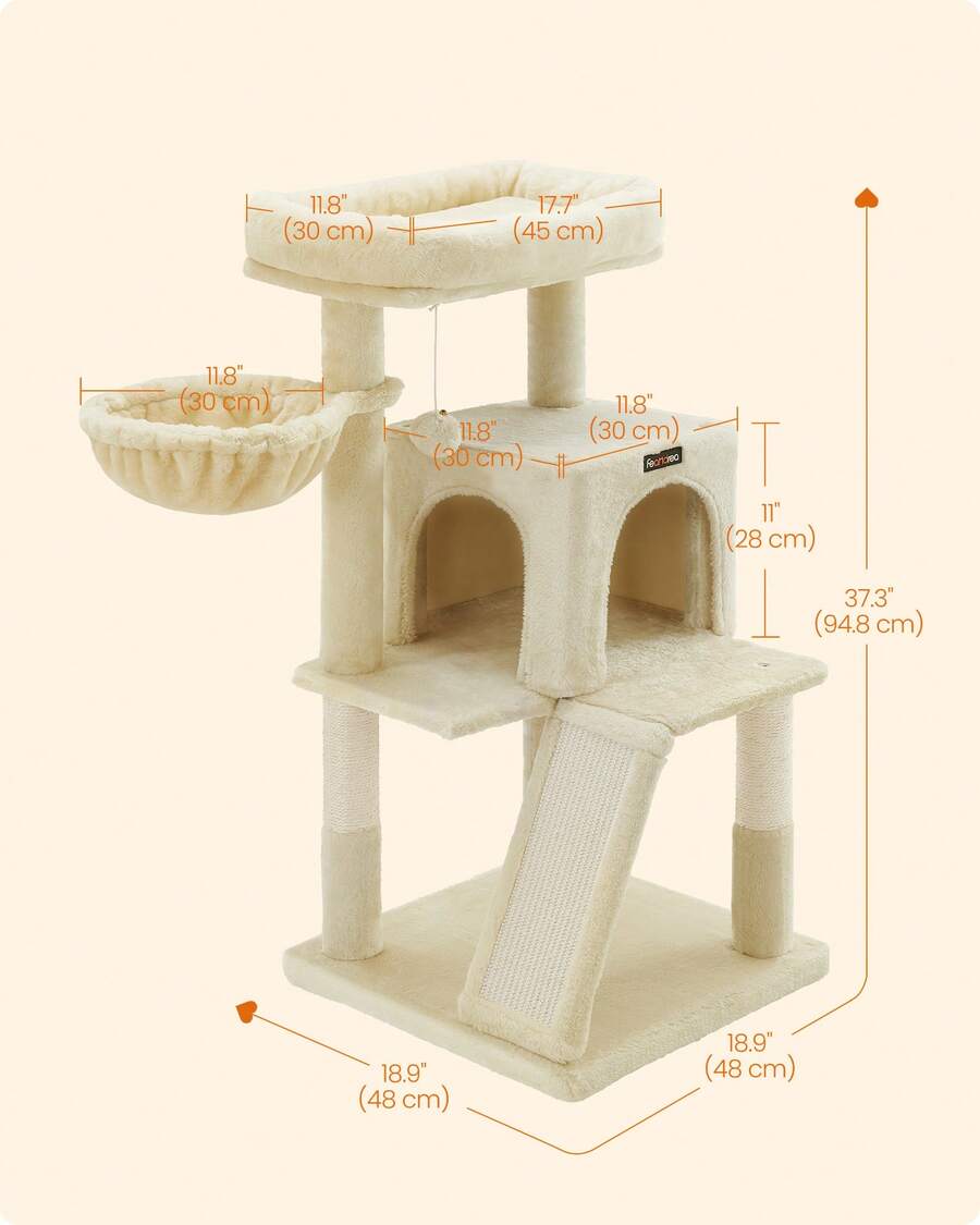 Beige 37.8-inch multi-level wooden cat tree featuring a scratching ramp ladder, 2-door cat cave, widened top perch, and hanging pompom toy for indoor cats.