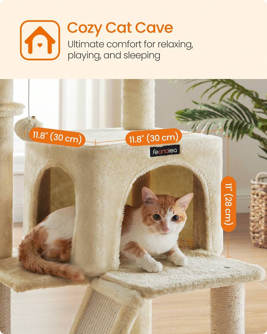 Beige 37.8-inch multi-level wooden cat tree featuring a scratching ramp ladder, 2-door cat cave, widened top perch, and hanging pompom toy for indoor cats.