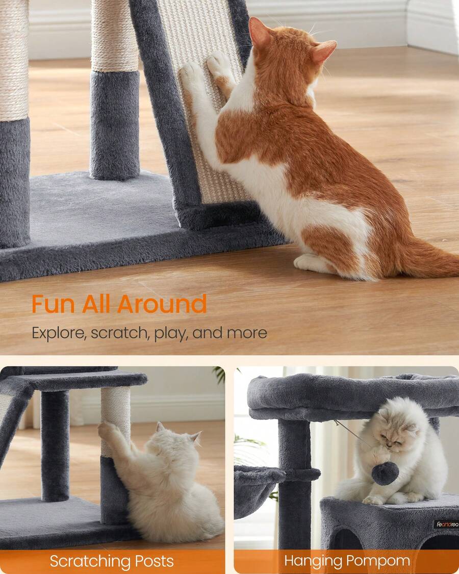 Beige 37.8-inch multi-level wooden cat tree featuring a scratching ramp ladder, 2-door cat cave, widened top perch, and hanging pompom toy for indoor cats.
