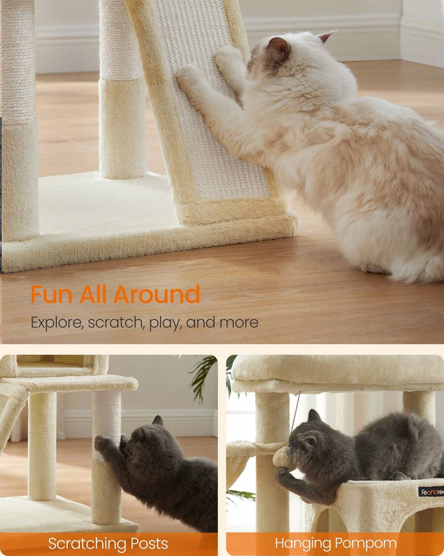 Beige 37.8-inch multi-level wooden cat tree featuring a scratching ramp ladder, 2-door cat cave, widened top perch, and hanging pompom toy for indoor cats.