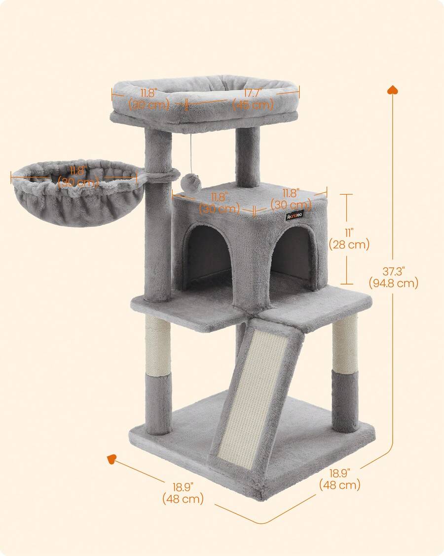 Beige 37.8-inch multi-level wooden cat tree featuring a scratching ramp ladder, 2-door cat cave, widened top perch, and hanging pompom toy for indoor cats.
