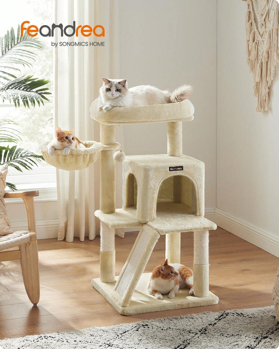 Beige 37.8-inch multi-level wooden cat tree featuring a scratching ramp ladder, 2-door cat cave, widened top perch, and hanging pompom toy for indoor cats.