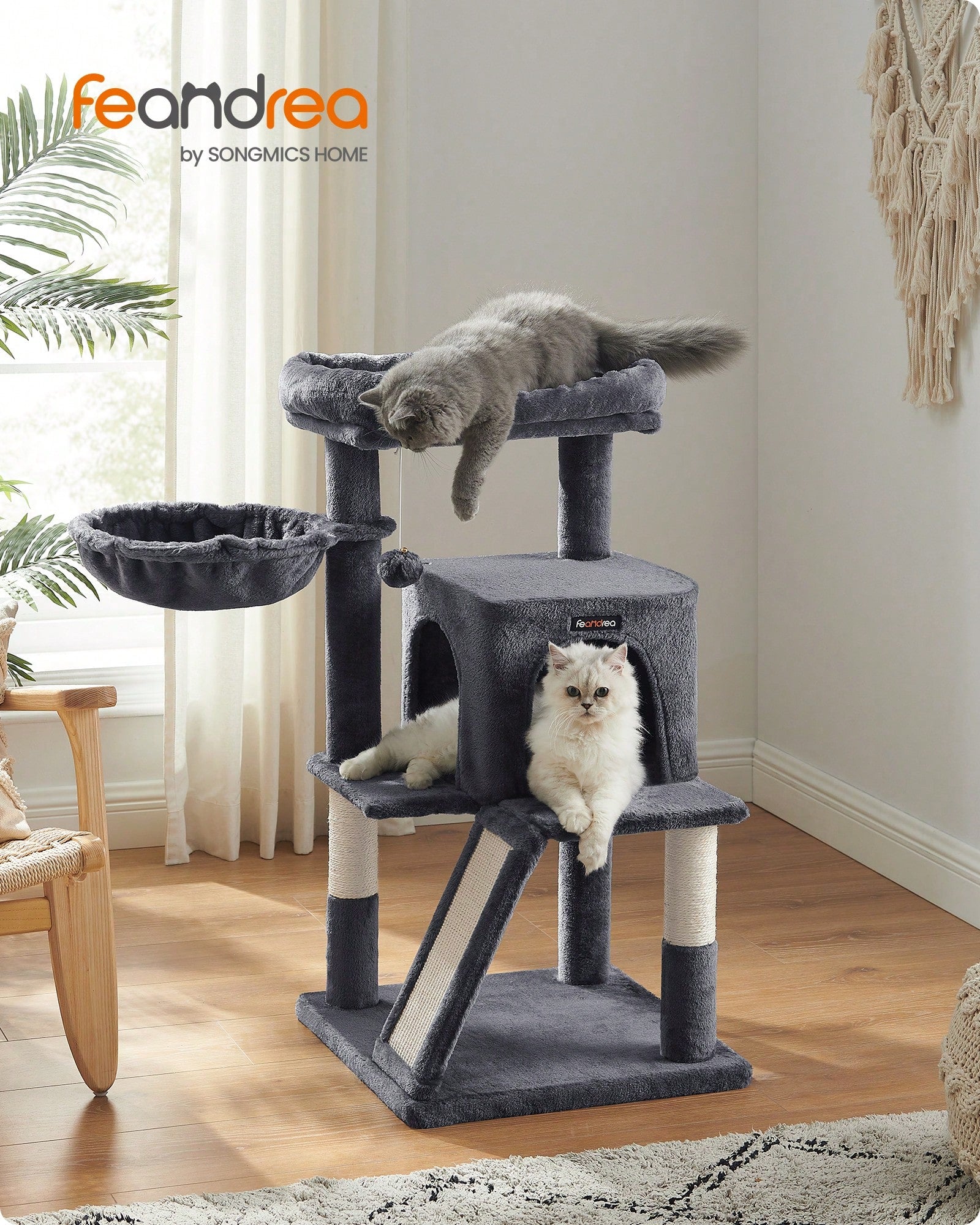Beige 37.8-inch multi-level wooden cat tree featuring a scratching ramp ladder, 2-door cat cave, widened top perch, and hanging pompom toy for indoor cats.