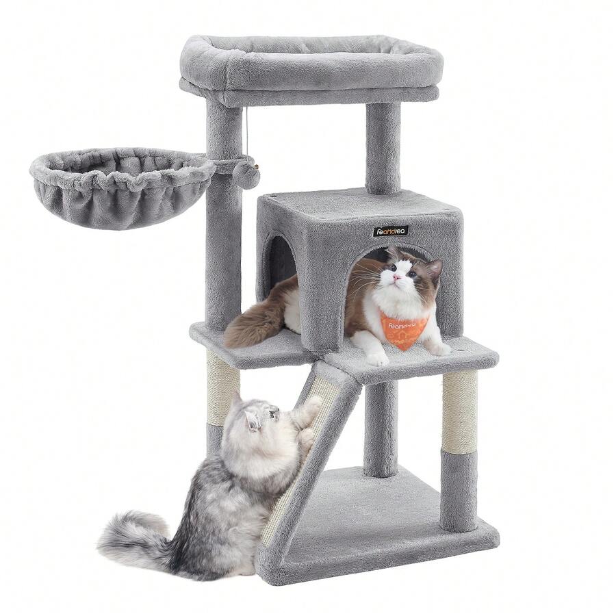 Beige 37.8-inch multi-level wooden cat tree featuring a scratching ramp ladder, 2-door cat cave, widened top perch, and hanging pompom toy for indoor cats.
