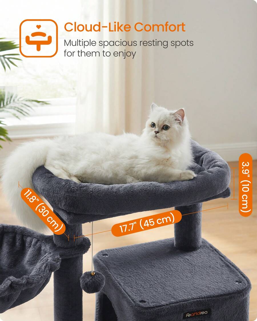 Beige 37.8-inch multi-level wooden cat tree featuring a scratching ramp ladder, 2-door cat cave, widened top perch, and hanging pompom toy for indoor cats.
